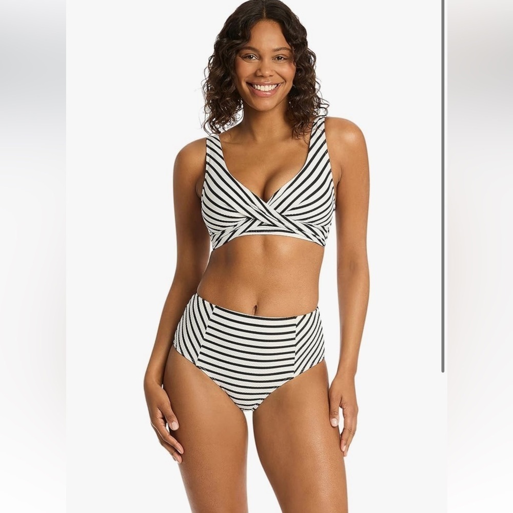 Striped Black & White High-Waist Bikini bottoms